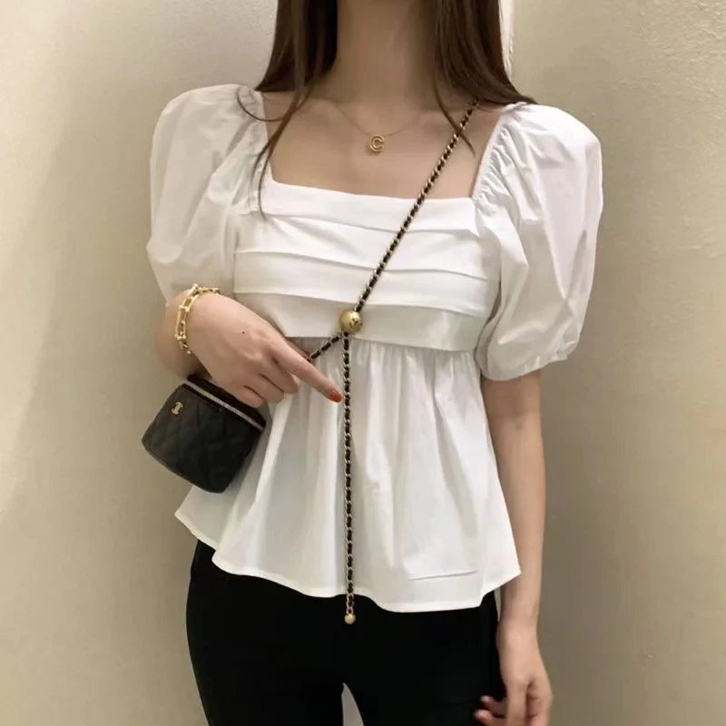 Puff-Sleeve Square-Neck Blouse